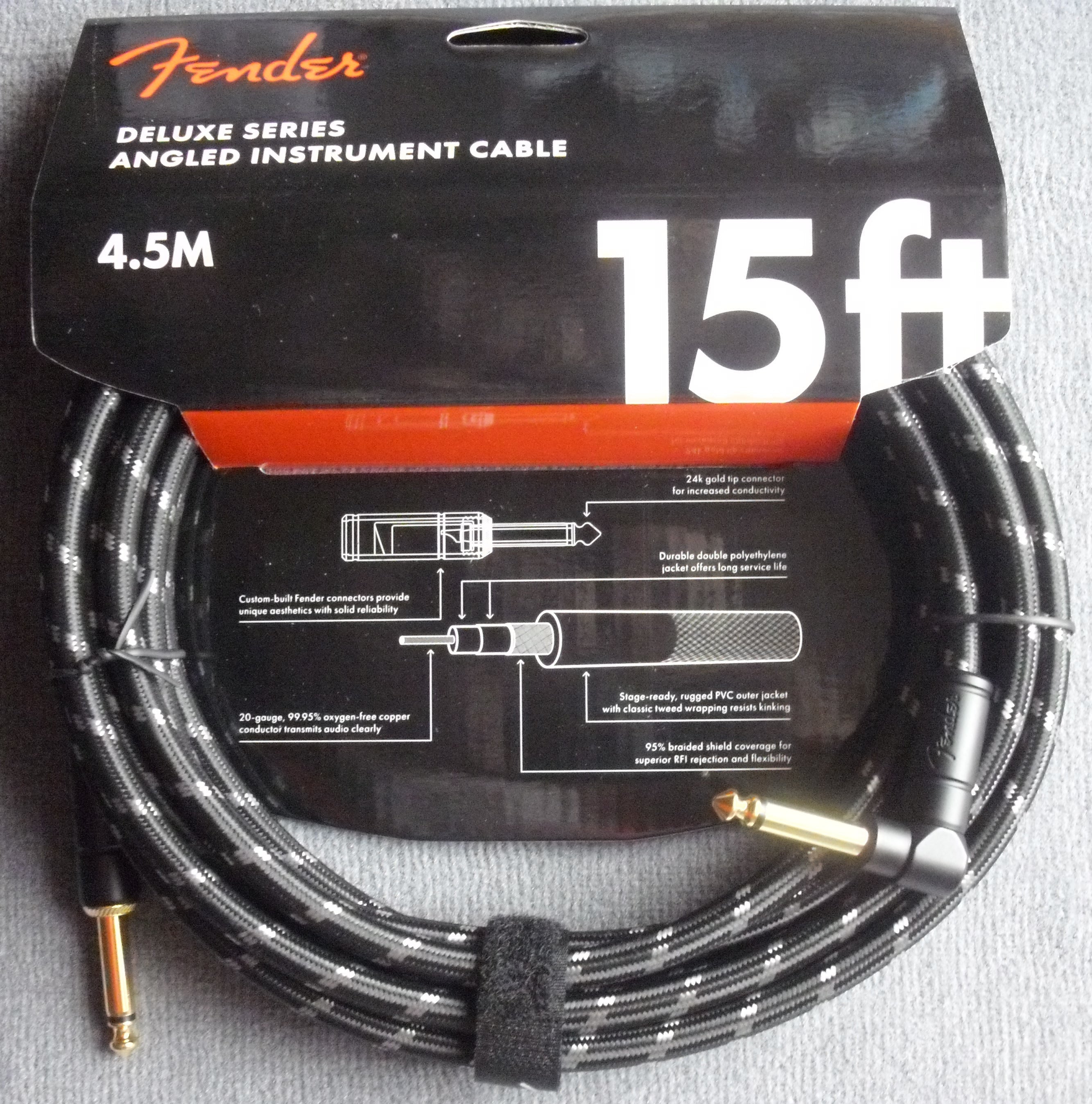 Fender® Kabel Deluxe Instrument Cable 4,5 m Black Tweed, angled