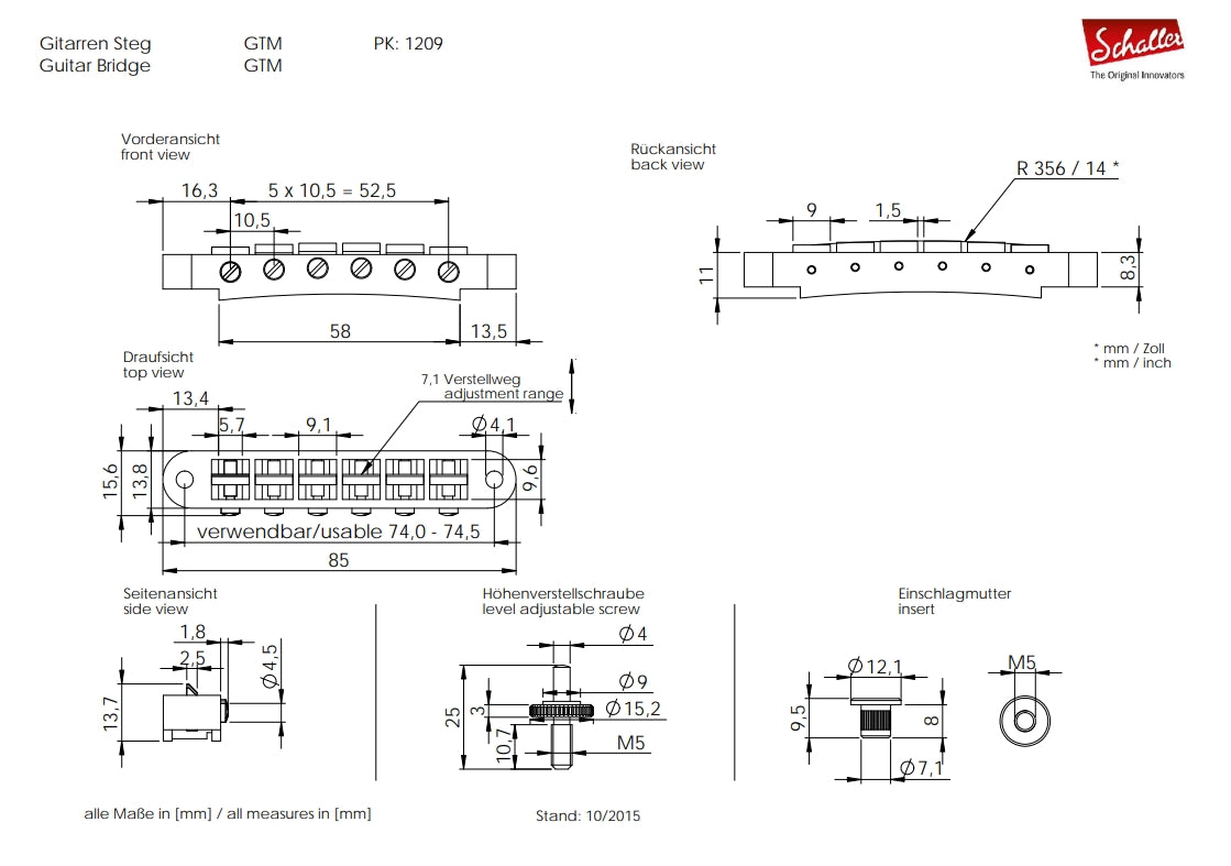 Schaller GTM Tunamatic Bridge reverse Black M5 (optional M8, oder M4)