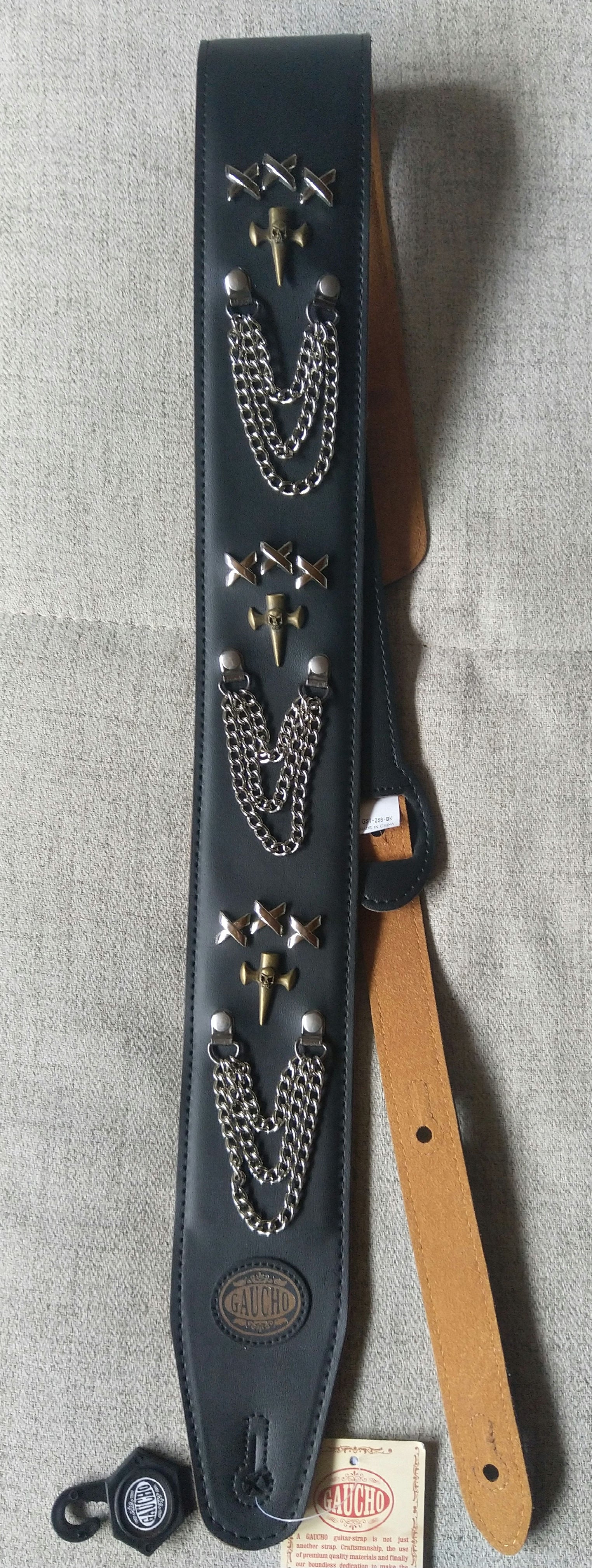 Gitarrengurt Gaucho Biker Series guitar strap black mit Ketten u. Kreuzen chrom