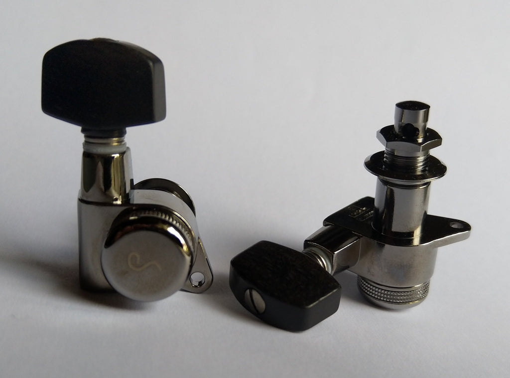 Schaller M6 Locking Tuners 135° 6 links Ruthenium small Ebony buttons (Kopie)