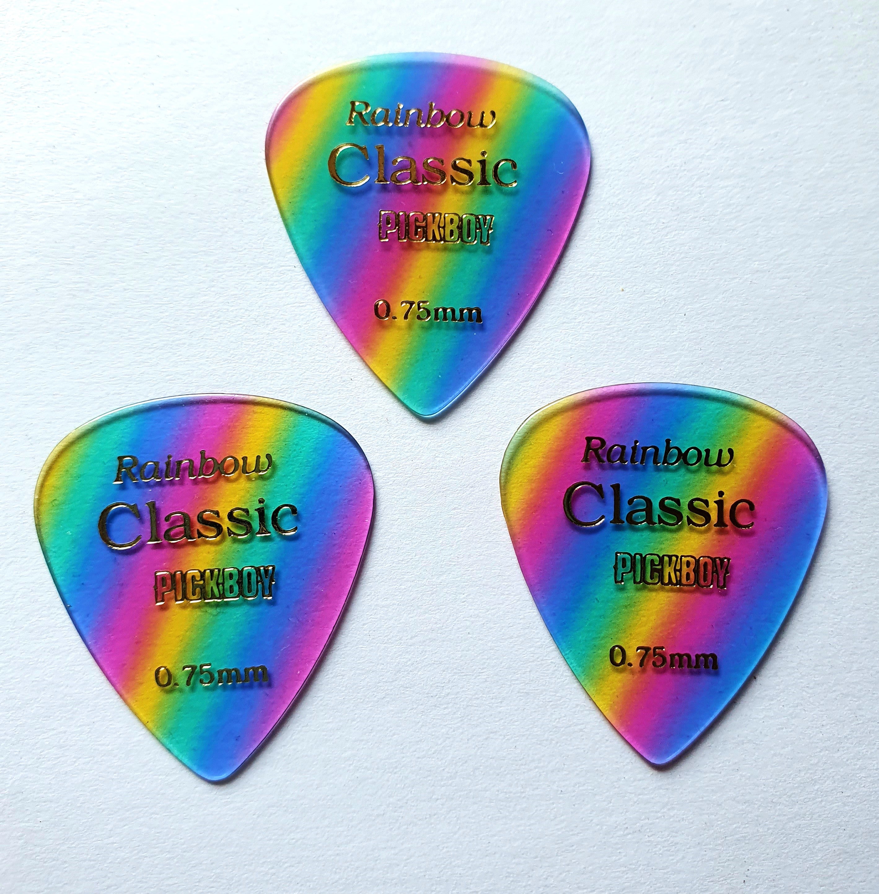 3 PickBoy Classic Celluloid Picks Plektren "Rainbow", 0,75 mm